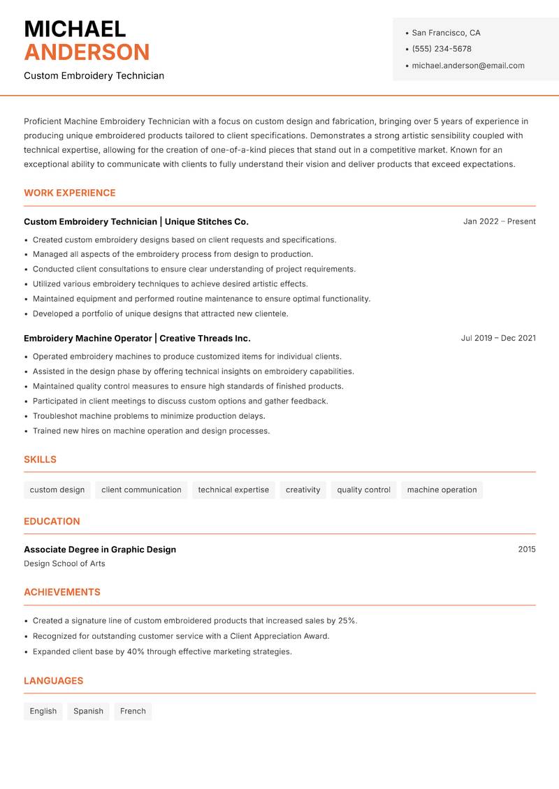 Machine Embroidery Technician resume sample — Custom Embroidery Technician focus