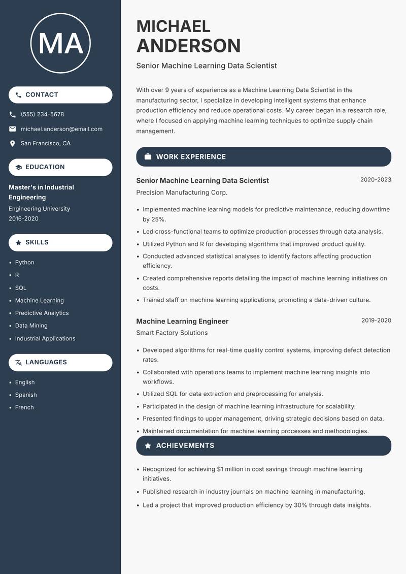 Machine Learning Data Scientist resume sample — Senior Machine Learning Data Scientist focus