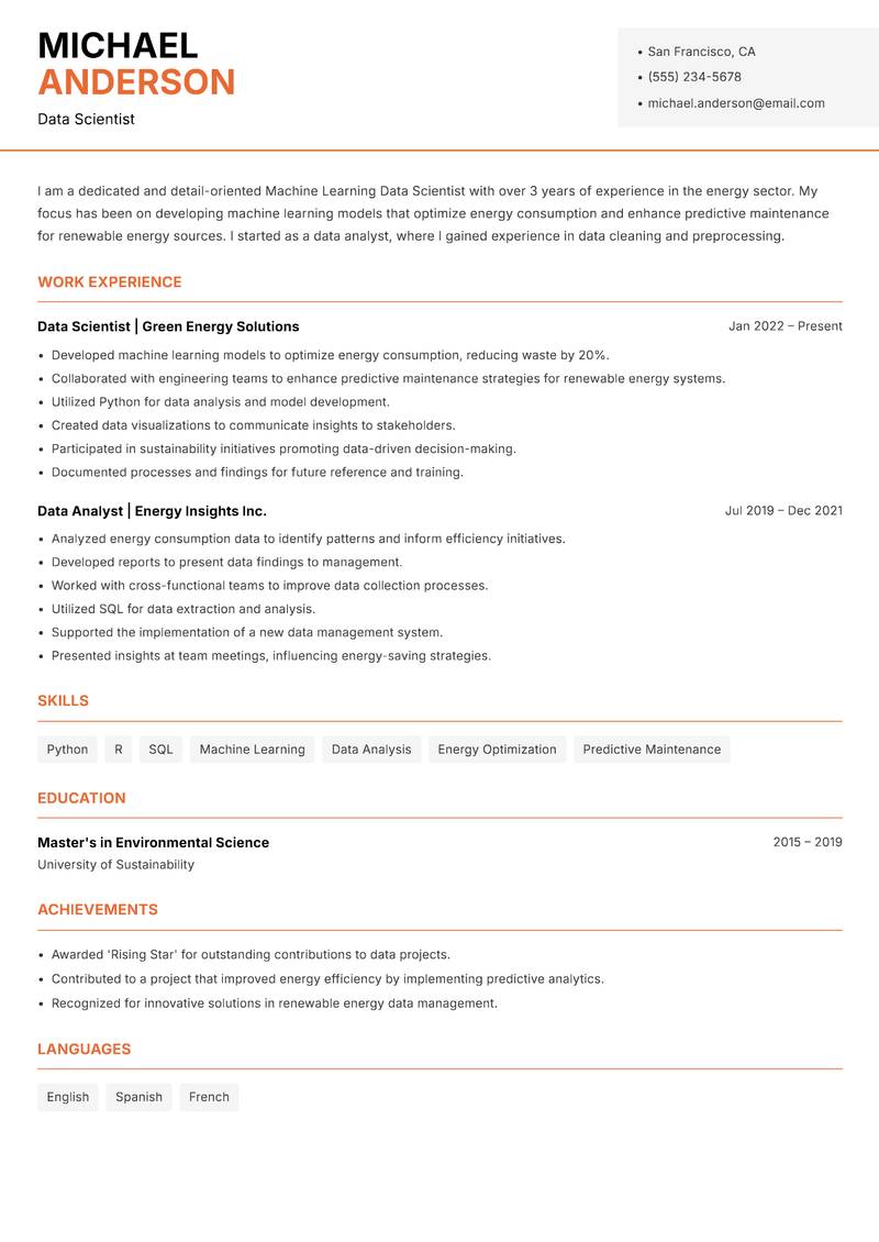 Machine Learning Data Scientist resume sample — Data Scientist focus