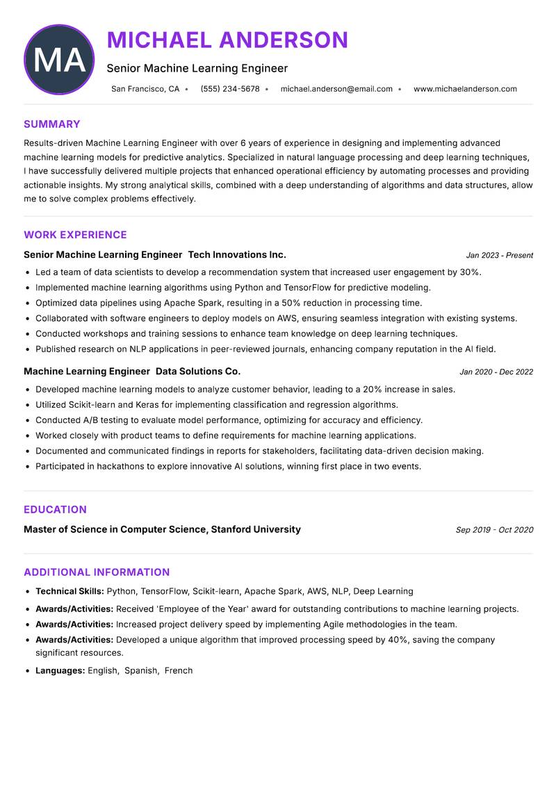 Machine Learning Engineer resume example
