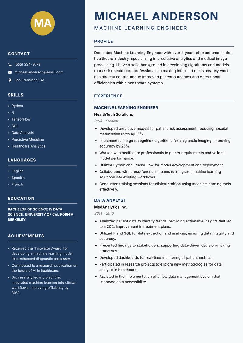 Machine Learning Engineer resume sample — Machine Learning Engineer focus