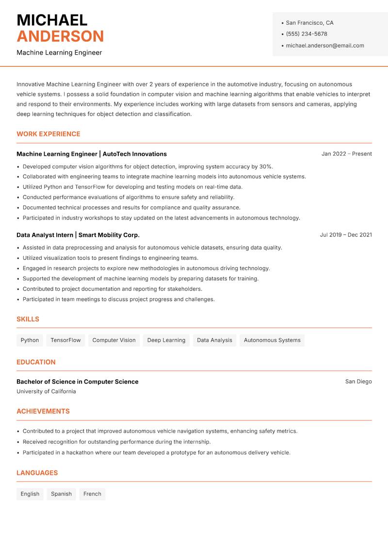 Machine Learning Engineer resume sample — Machine Learning Engineer focus