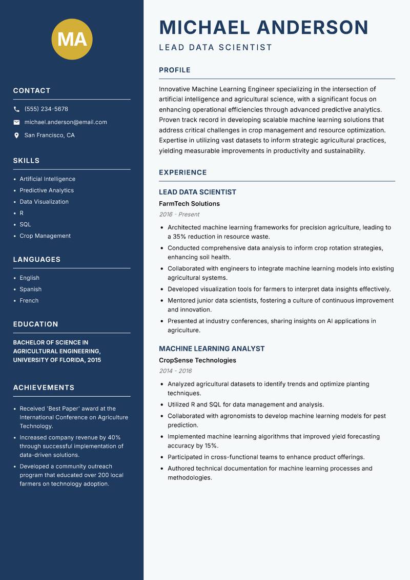 Machine Learning Engineer Agriculture resume sample — Lead Data Scientist focus