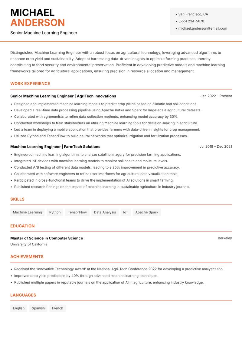 Machine Learning Engineer Agriculture resume sample — Senior Machine Learning Engineer focus