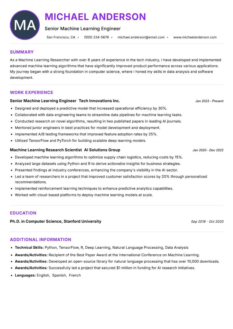 Machine Learning Researcher resume example
