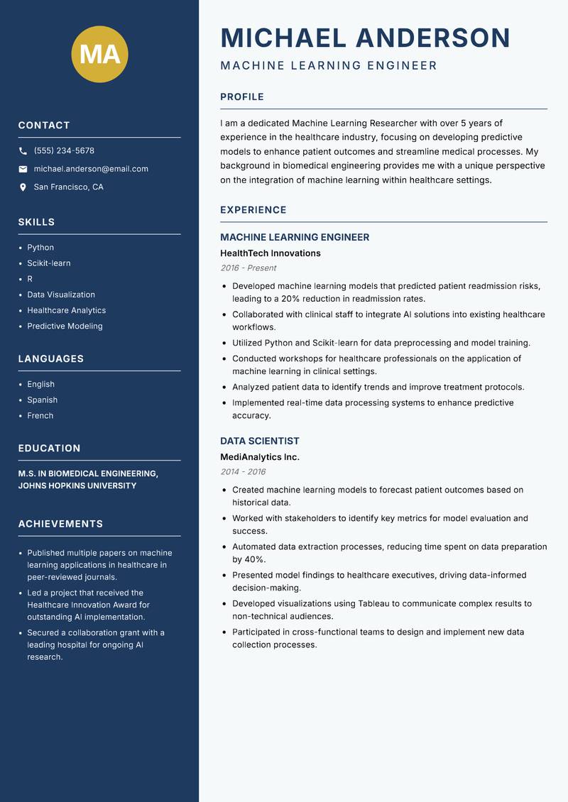 Machine Learning Researcher resume sample — Machine Learning Engineer focus