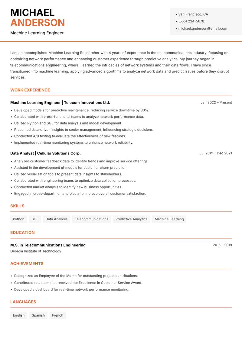 Machine Learning Researcher resume sample — Machine Learning Engineer focus