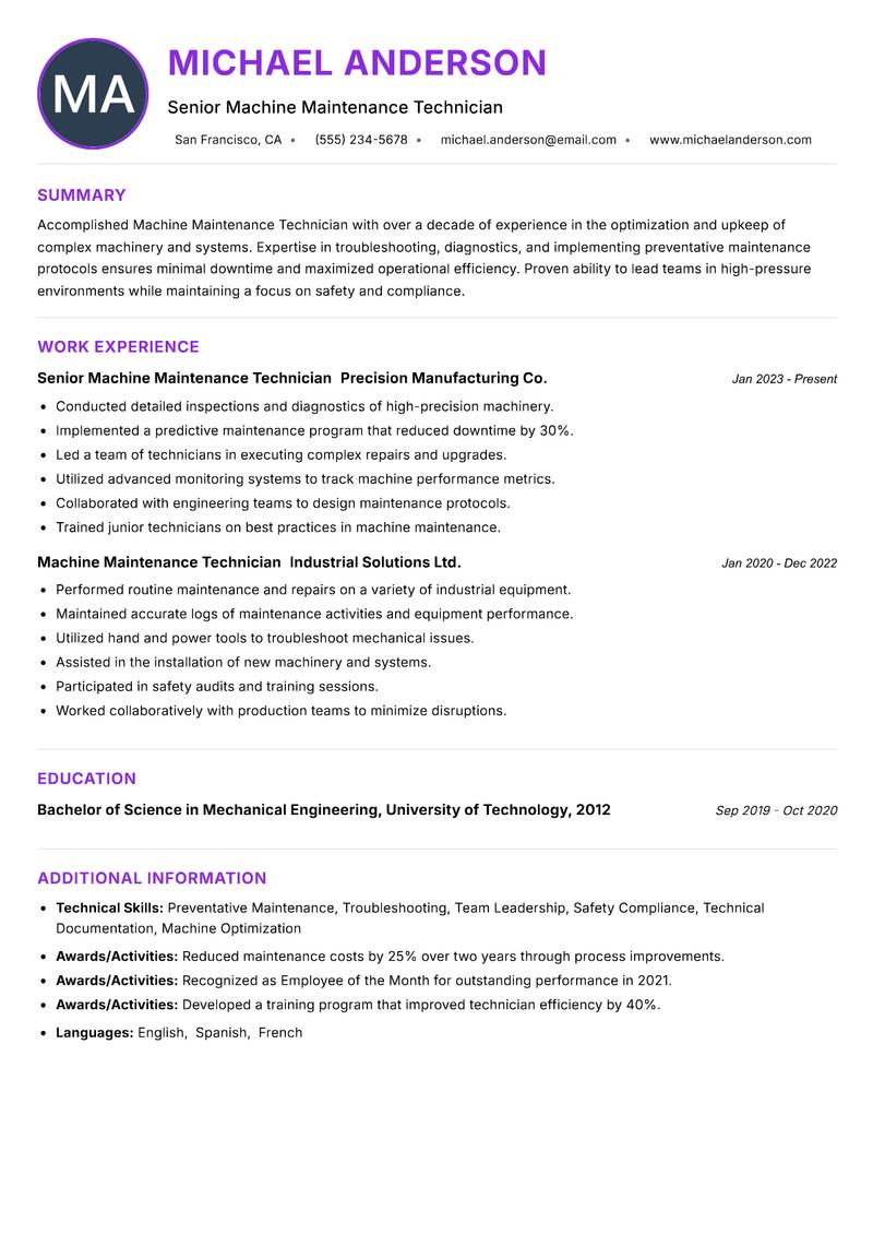 Machine Maintenance Technician resume example