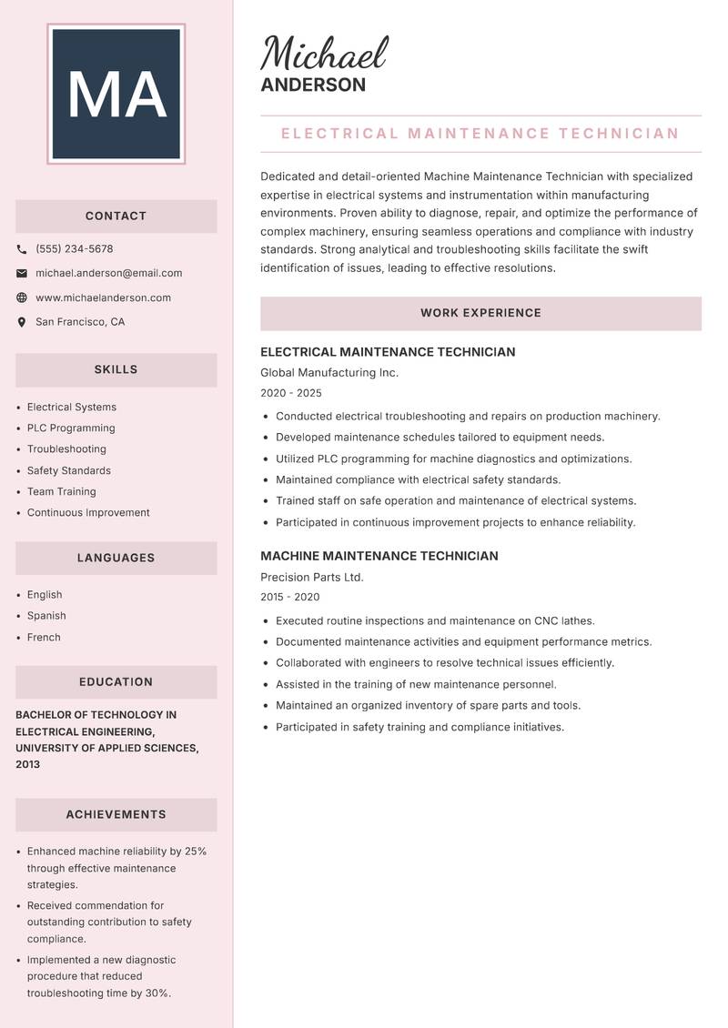 Machine Maintenance Technician resume sample — Electrical Maintenance Technician focus