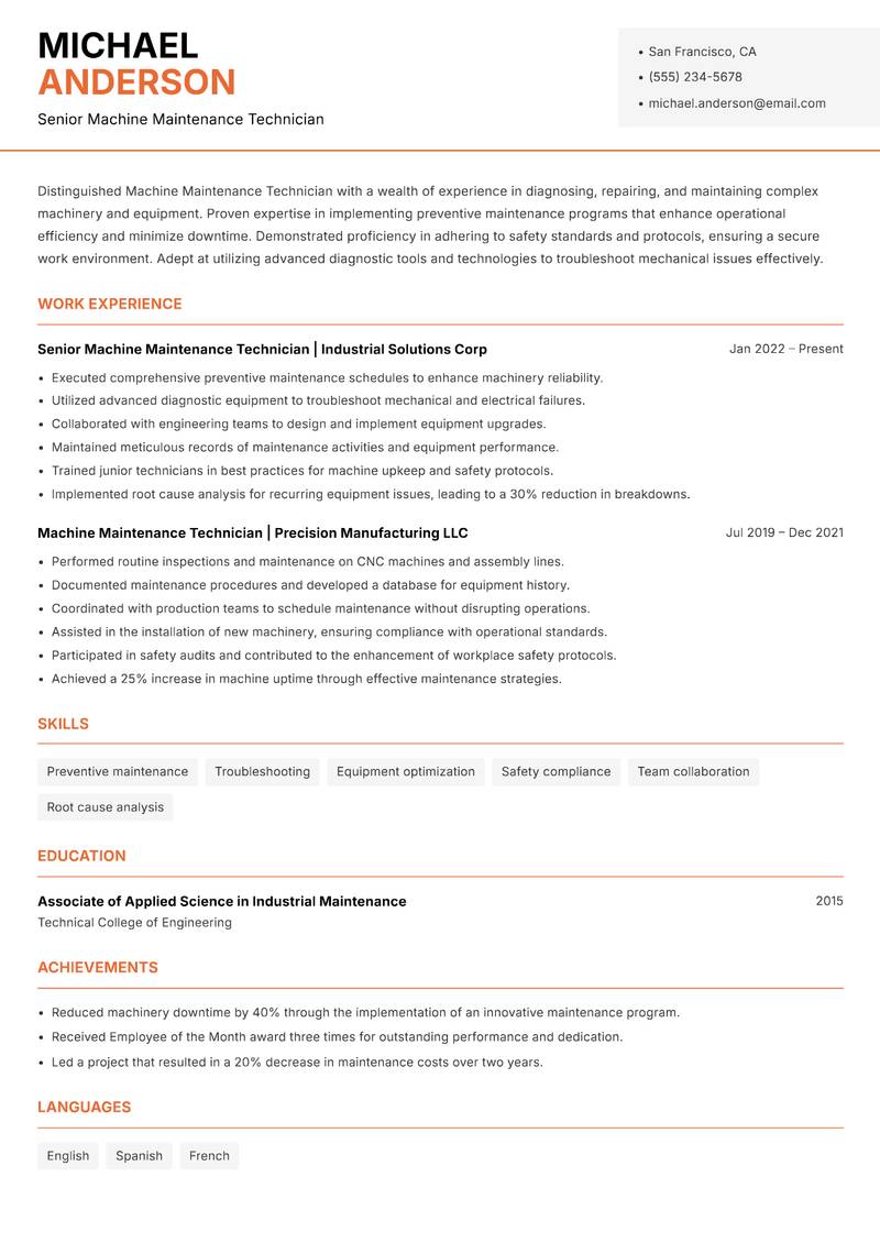 Machine Maintenance Technician resume sample — Senior Machine Maintenance Technician focus