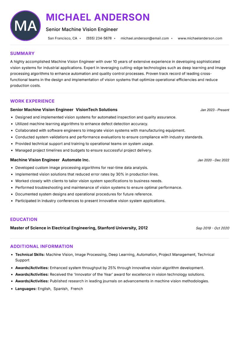 Machine Vision Engineer resume example