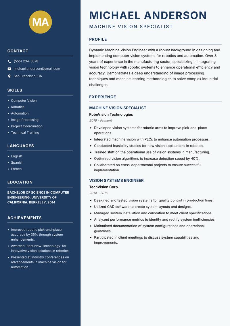 Machine Vision Engineer resume sample — Machine Vision Specialist focus