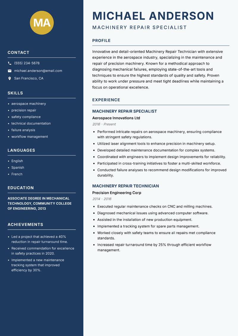 Machinery Repair Technician resume sample — Machinery Repair Specialist focus