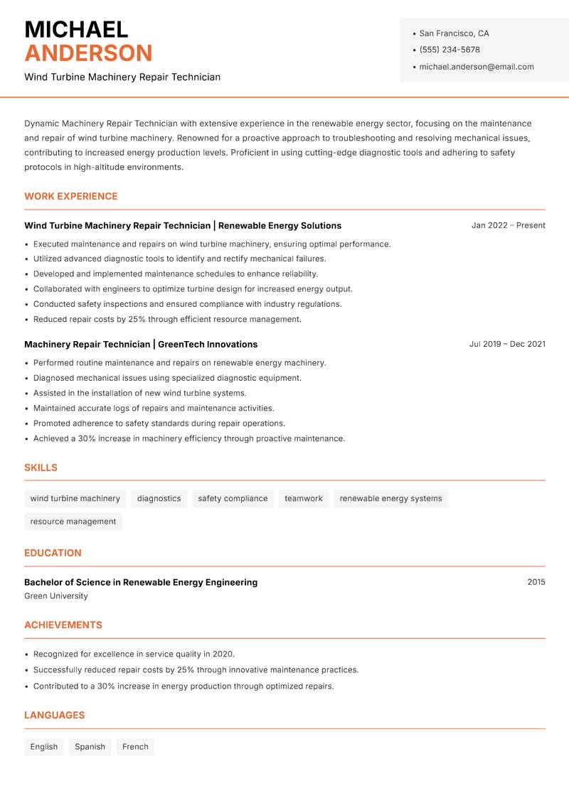 Machinery Repair Technician resume sample — Wind Turbine Machinery Repair Technician focus