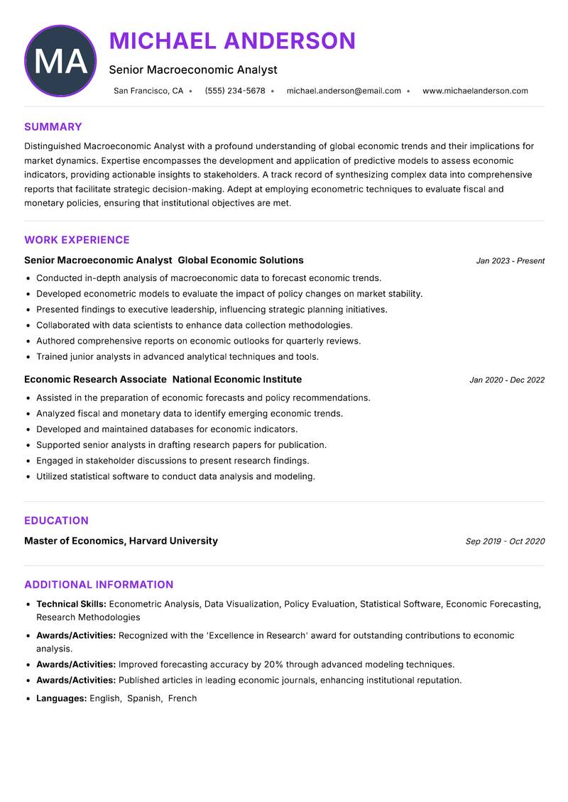 Macroeconomic Analyst resume example