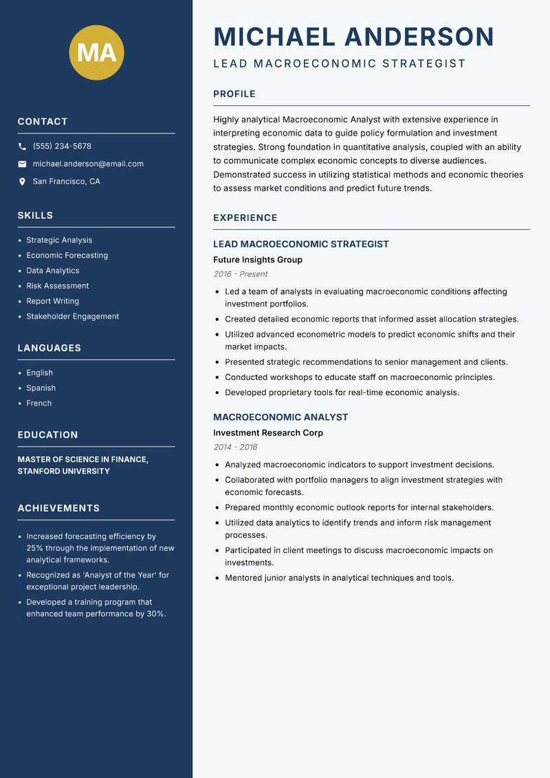 Macroeconomic Analyst resume sample — Lead Macroeconomic Strategist focus