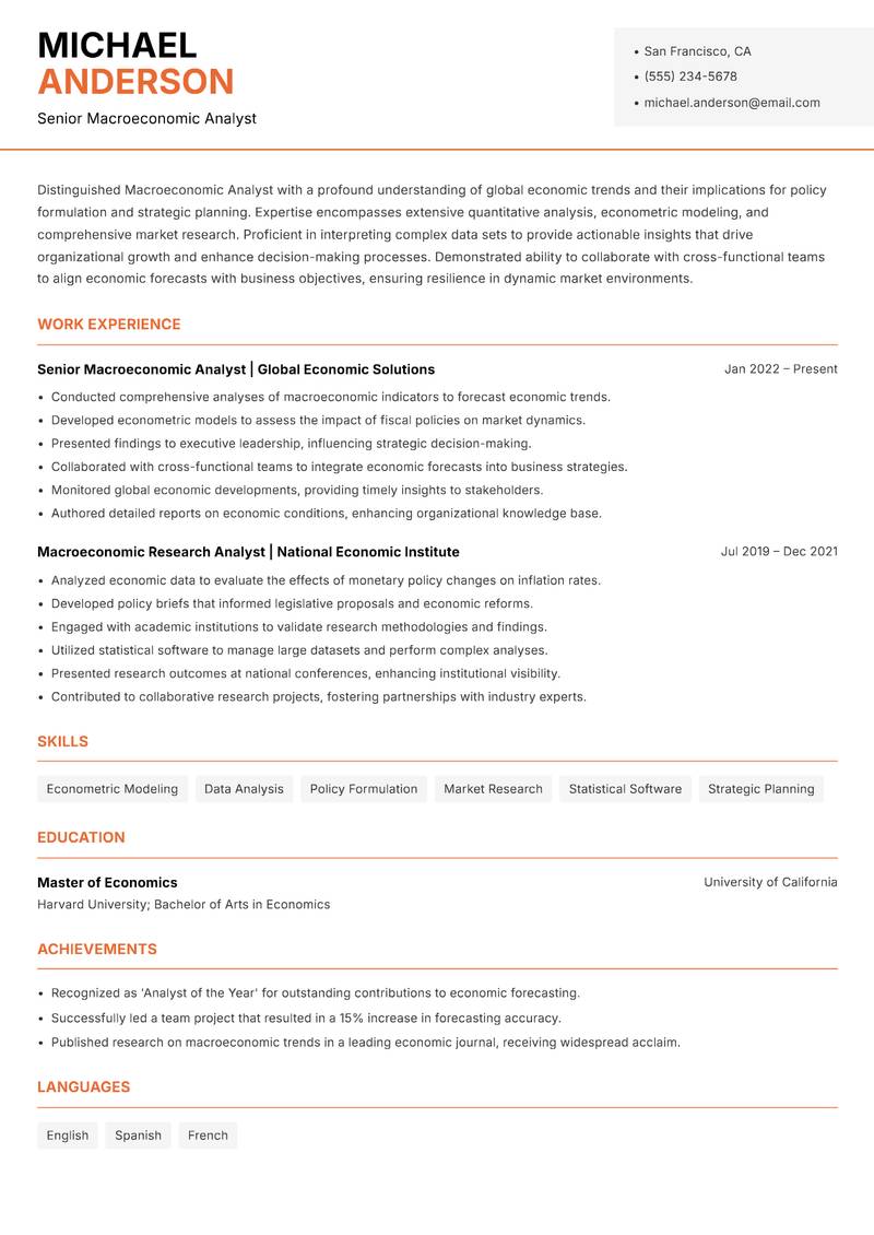 Macroeconomic Analyst resume sample — Senior Macroeconomic Analyst focus
