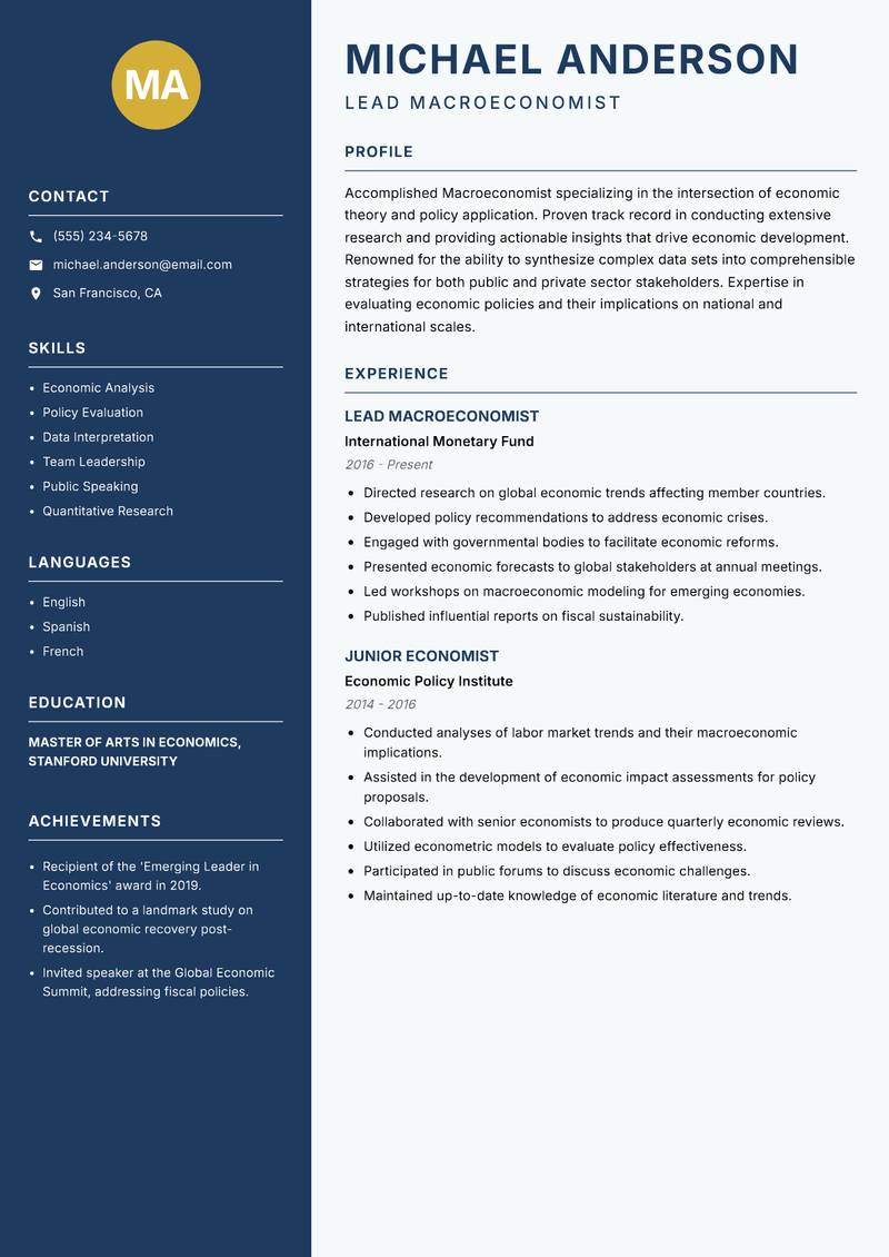 Macroeconomist resume sample — Lead Macroeconomist focus
