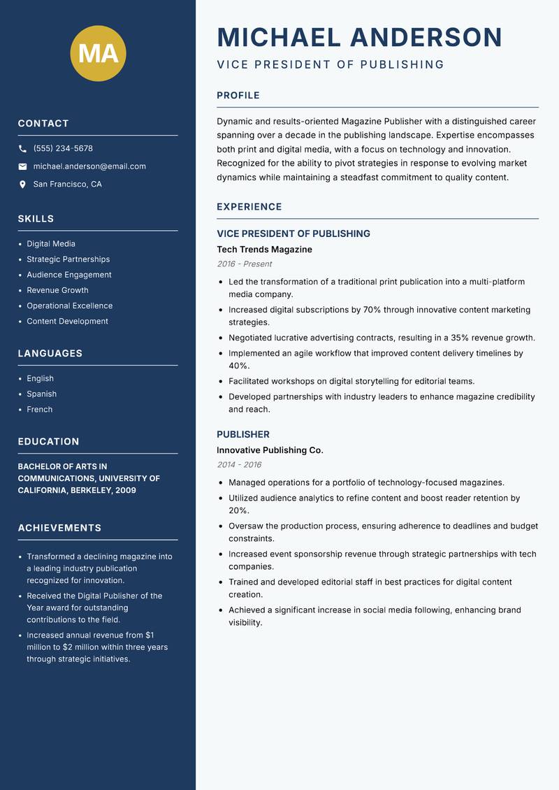 Magazine Publisher resume sample — Vice President of Publishing focus