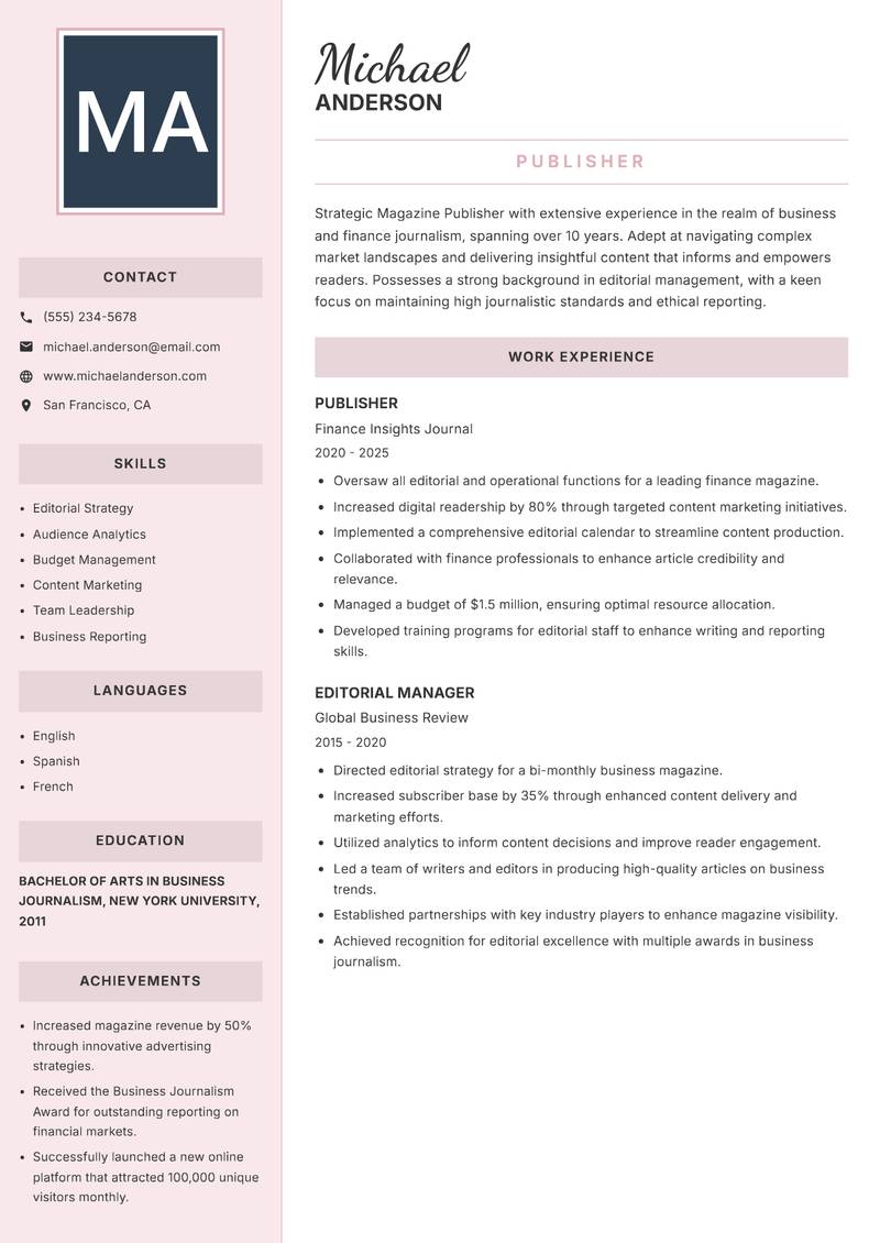 Magazine Publisher resume sample — Publisher focus