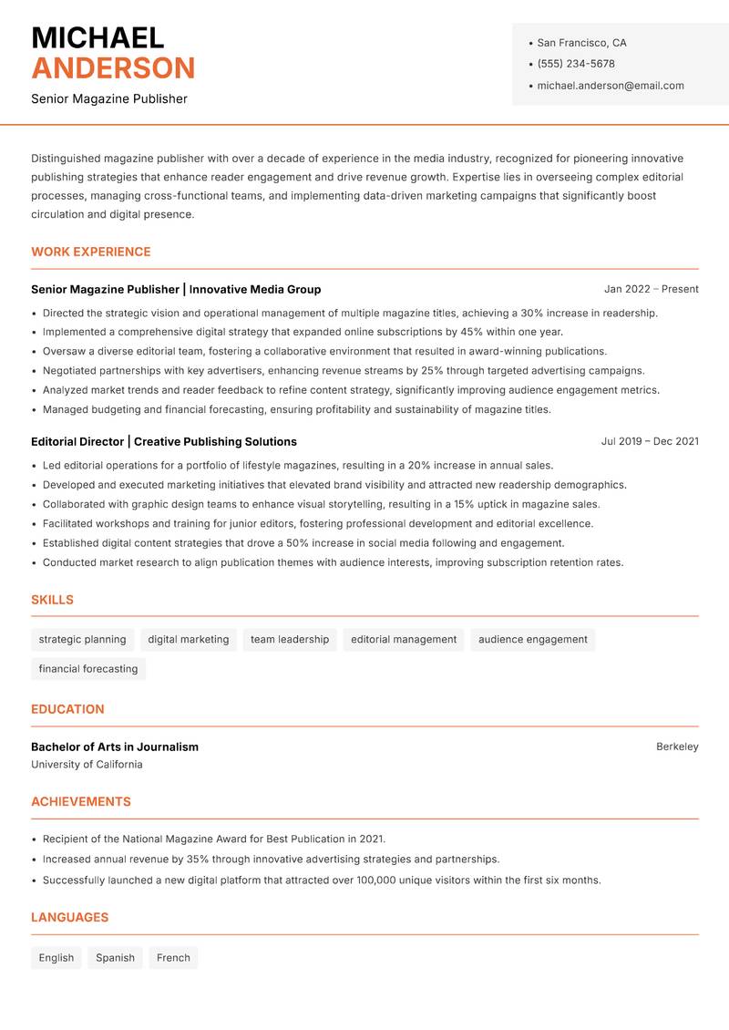 Magazine Publisher resume sample — Senior Magazine Publisher focus