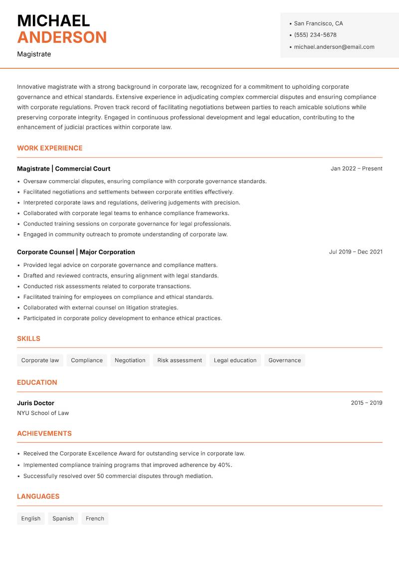 Magistrate resume sample — Magistrate focus