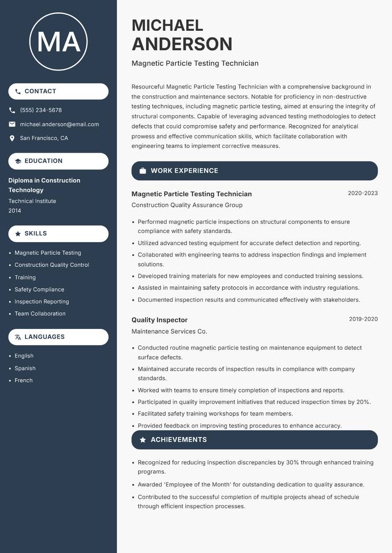 Magnetic Particle Testing Technician resume sample — Magnetic Particle Testing Technician focus