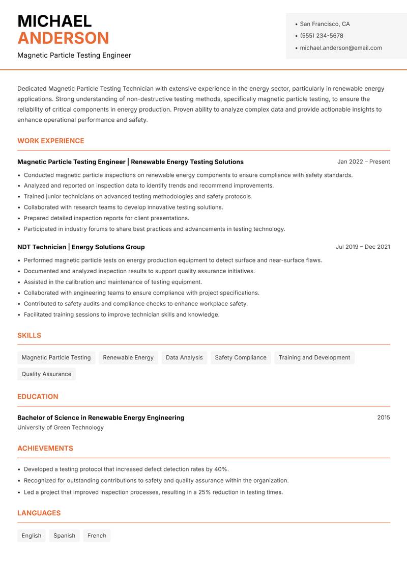 Magnetic Particle Testing Technician resume sample — Magnetic Particle Testing Engineer focus