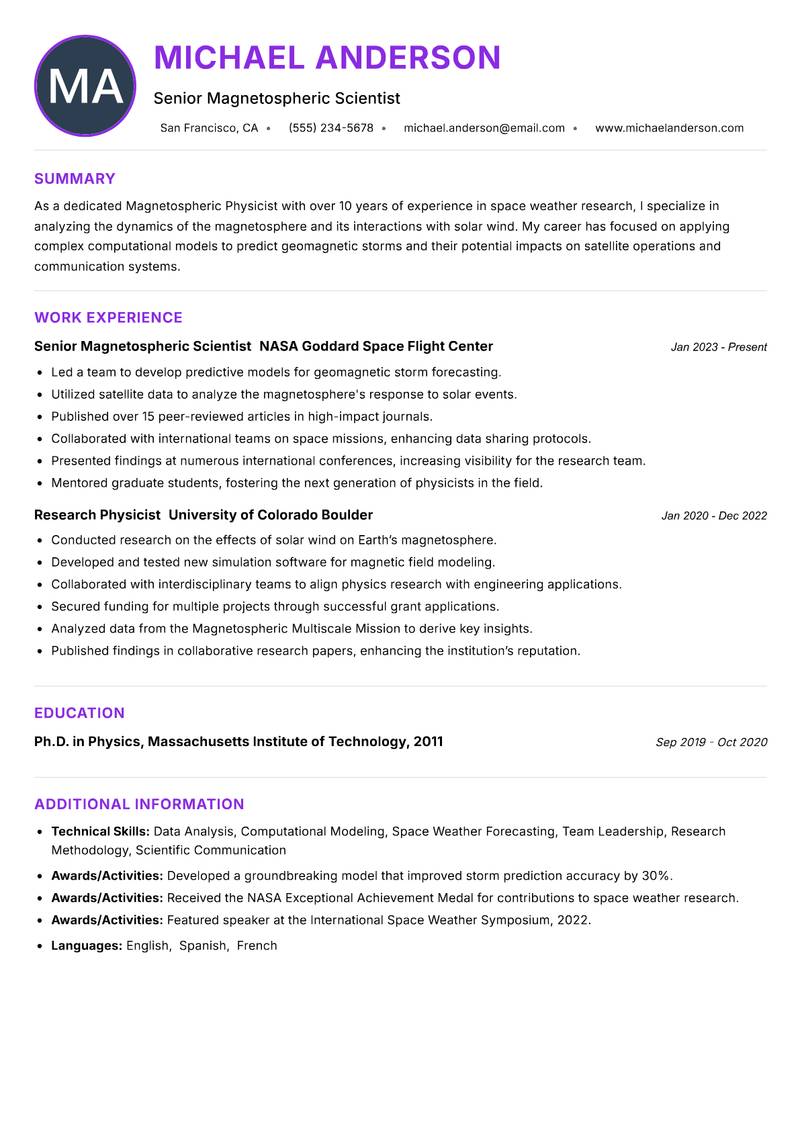 Magnetospheric Physicist resume example