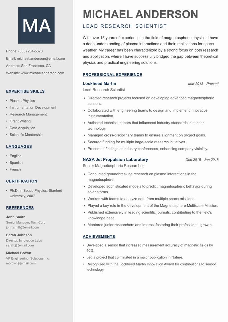 Magnetospheric Physicist resume sample — Lead Research Scientist focus
