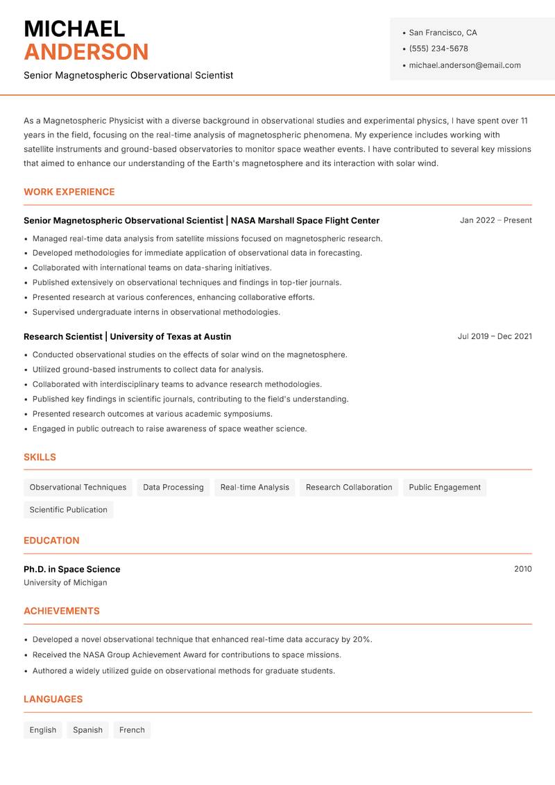 Magnetospheric Physicist resume sample — Senior Magnetospheric Observational Scientist focus