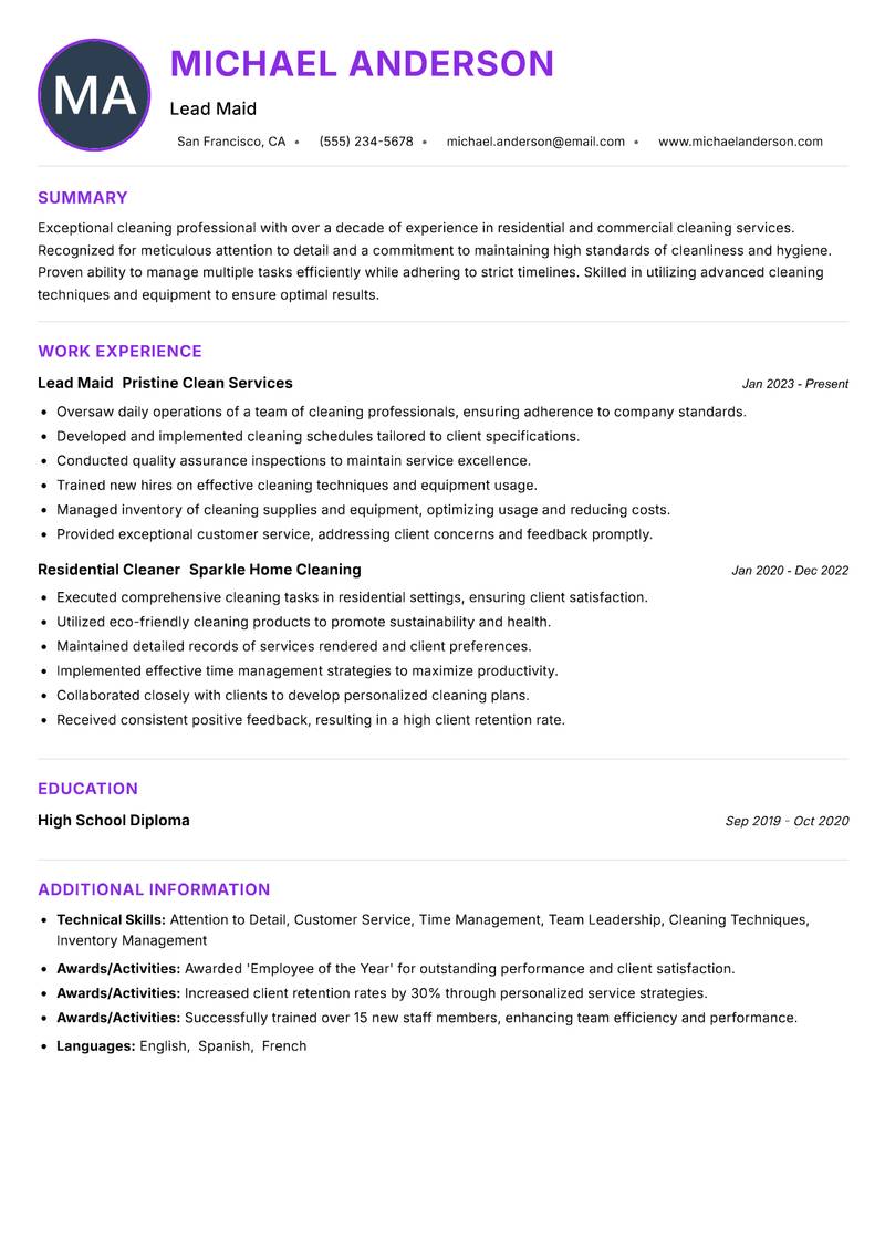 Maid resume example