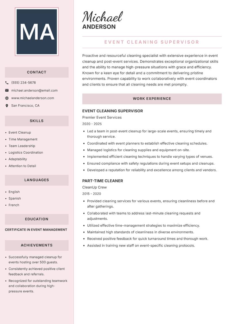 Maid resume sample — Event Cleaning Supervisor focus