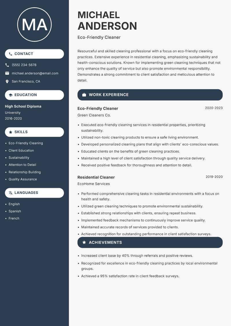 Maid resume sample — Eco-Friendly Cleaner focus