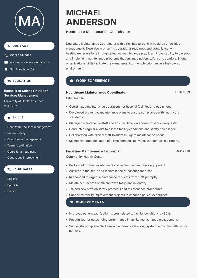 Maintenance Coordinator resume sample — Healthcare Maintenance Coordinator focus