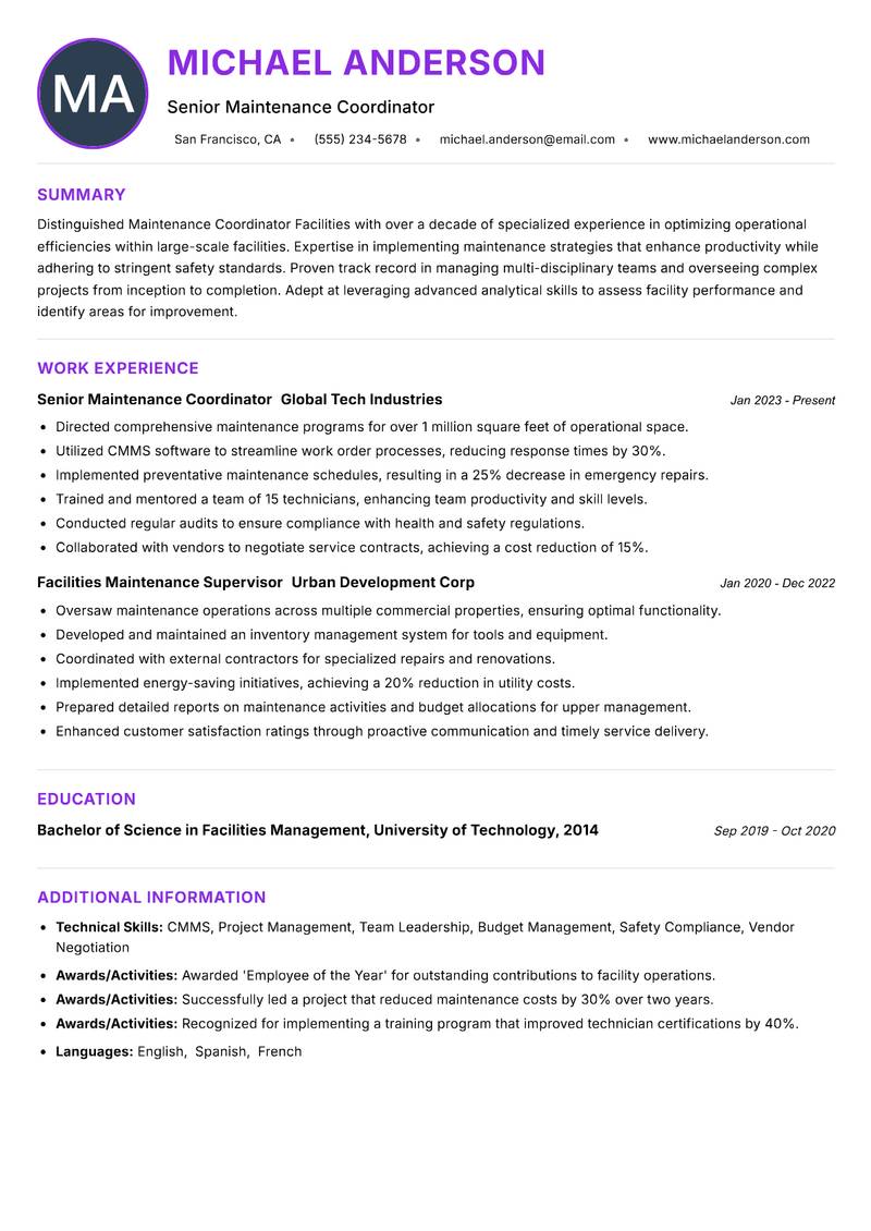 Maintenance Coordinator Facilities resume example