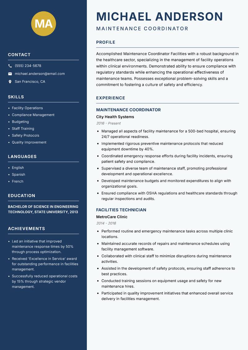Maintenance Coordinator Facilities resume sample — Maintenance Coordinator focus