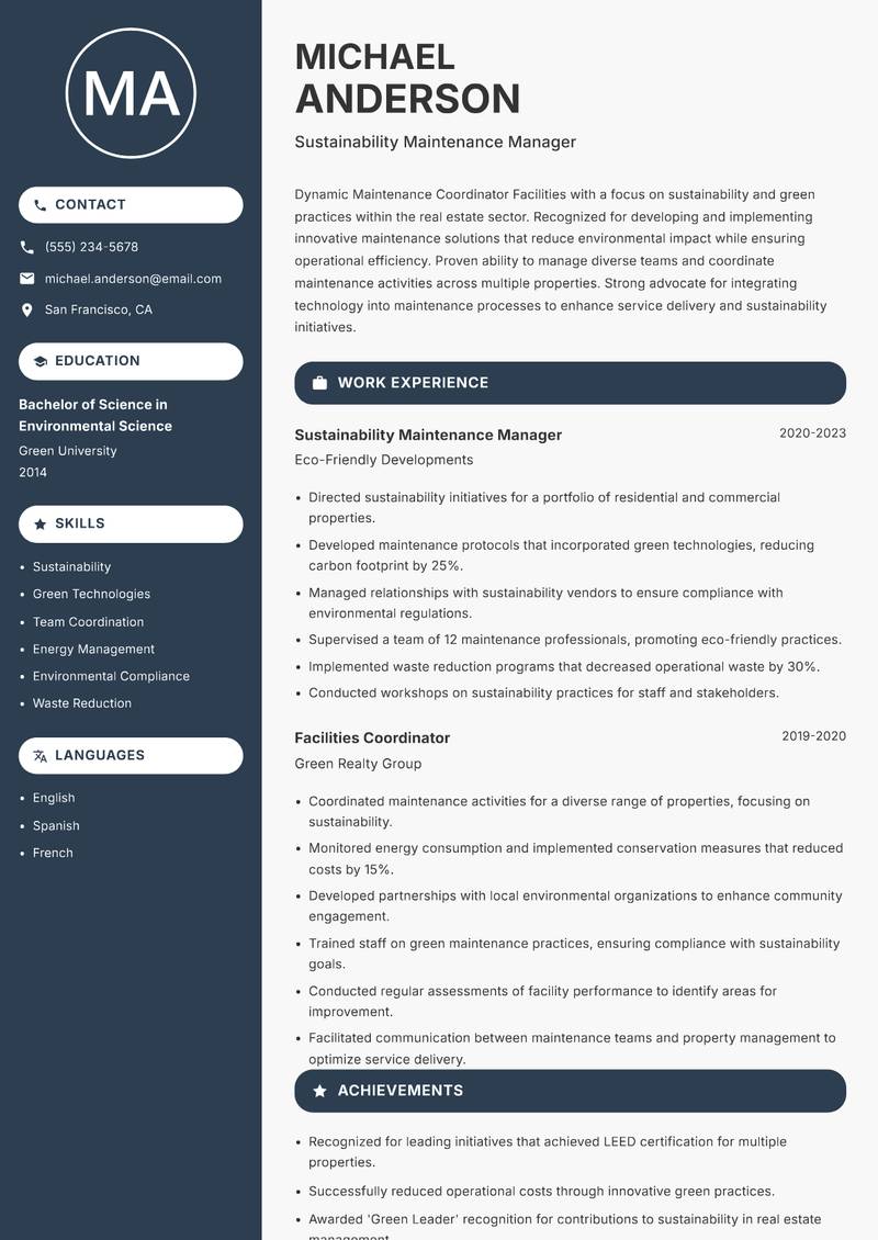 Maintenance Coordinator Facilities resume sample — Sustainability Maintenance Manager focus