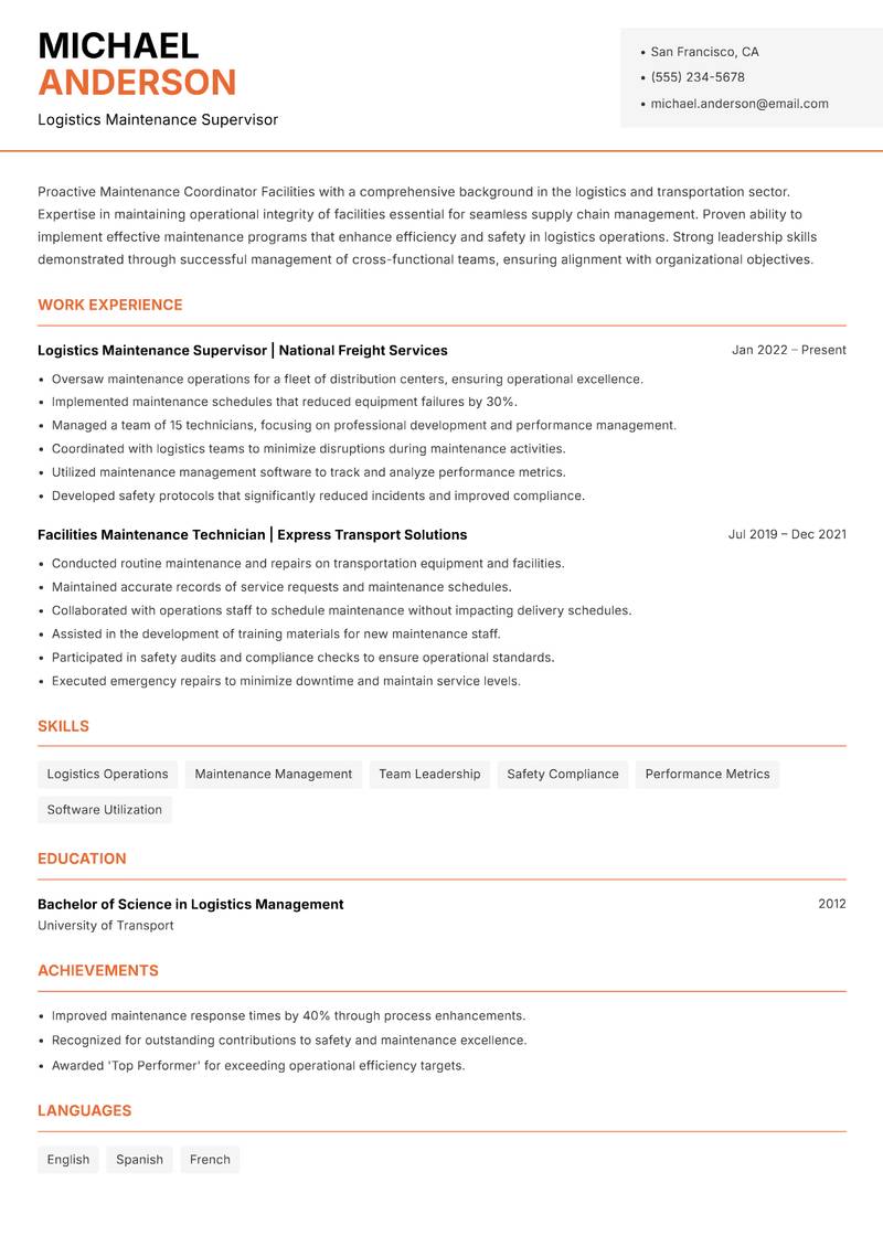 Maintenance Coordinator Facilities resume sample — Logistics Maintenance Supervisor focus