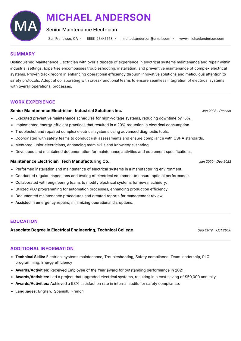 Maintenance Electrician resume example