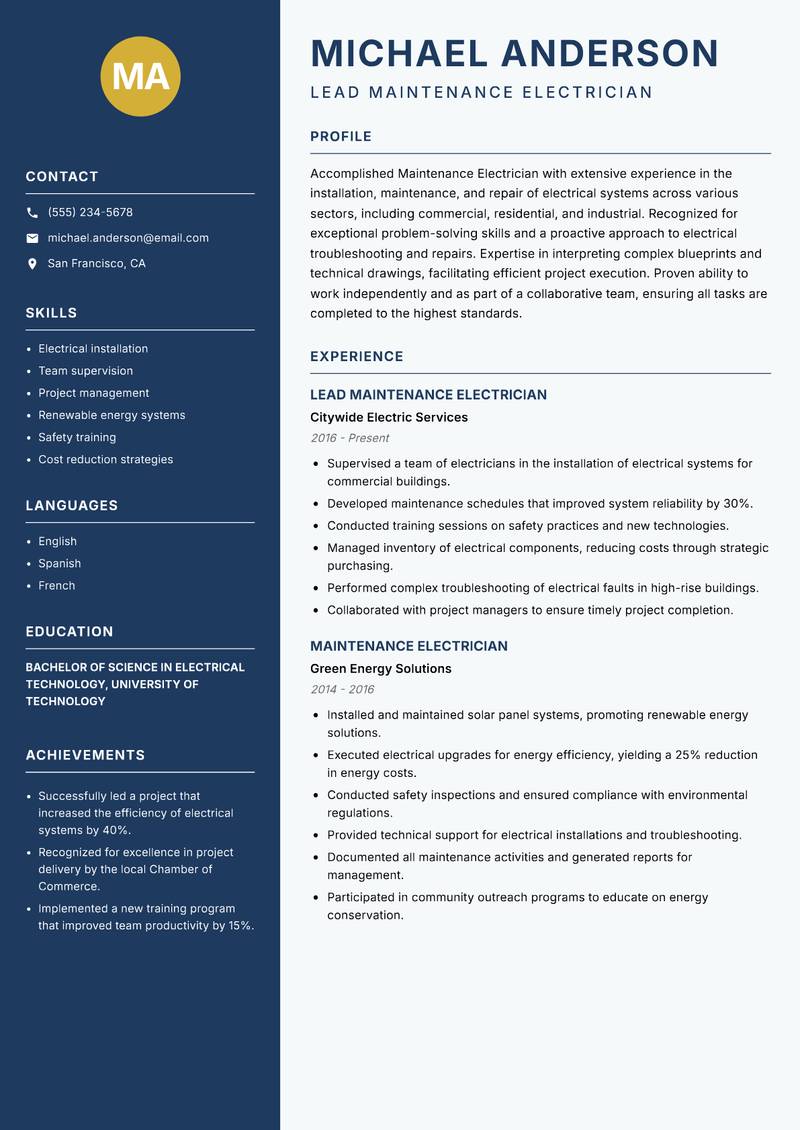 Maintenance Electrician resume sample — Lead Maintenance Electrician focus