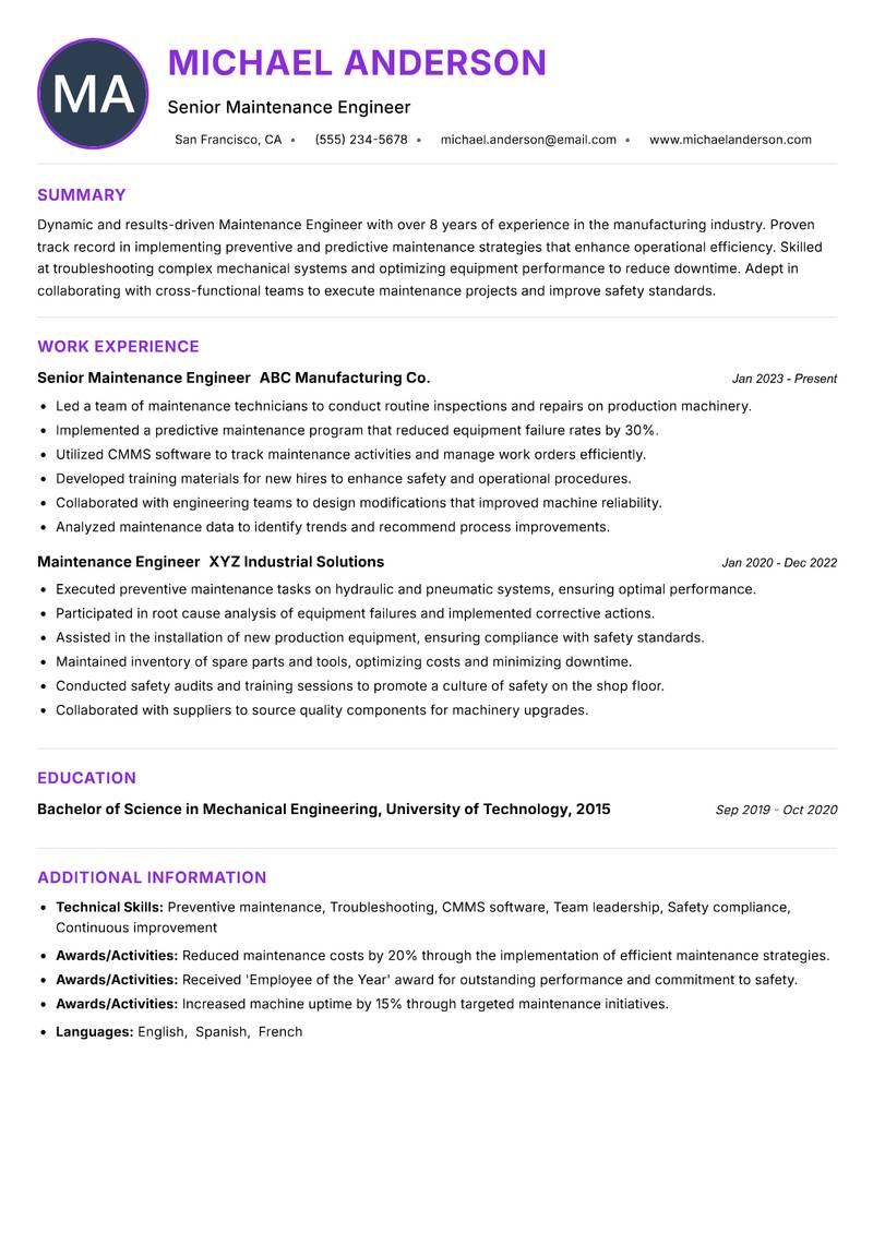 Maintenance Engineer resume example