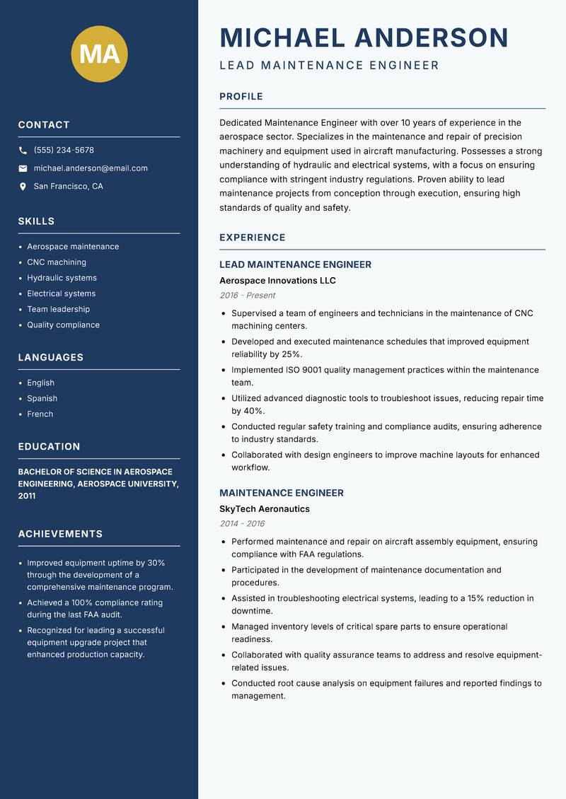 Maintenance Engineer resume sample — Lead Maintenance Engineer focus