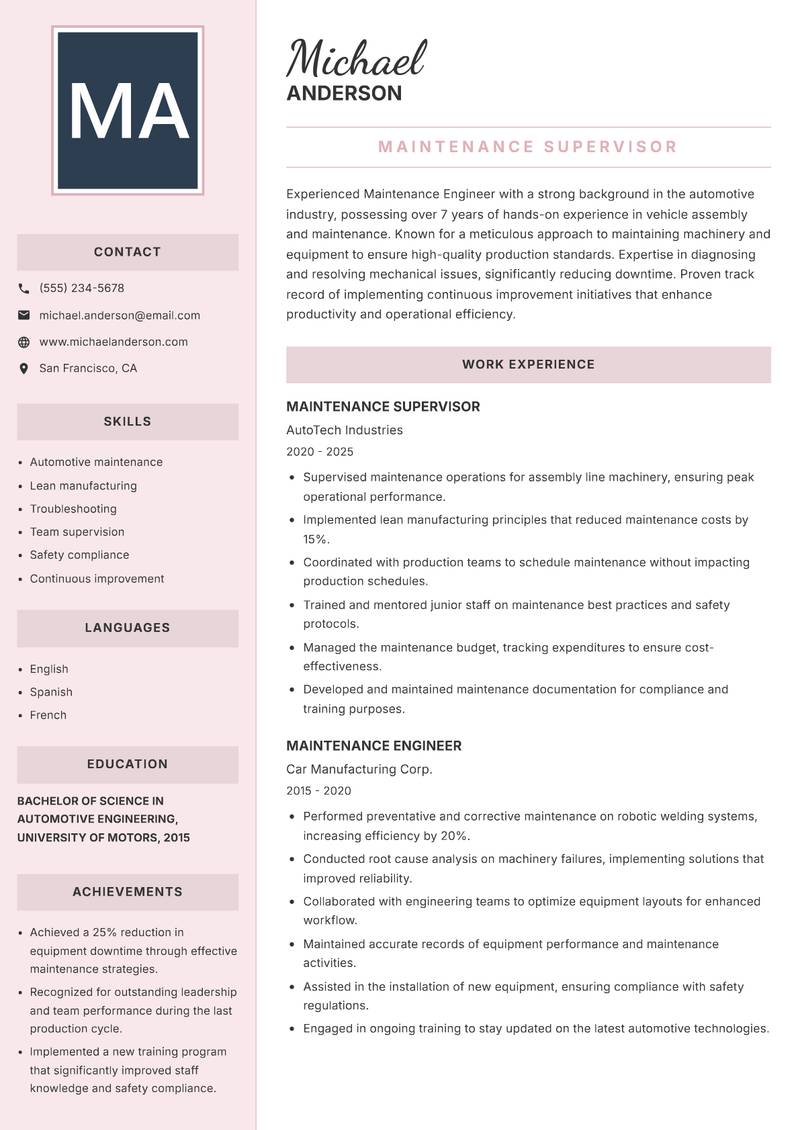 Maintenance Engineer resume sample — Maintenance Supervisor focus