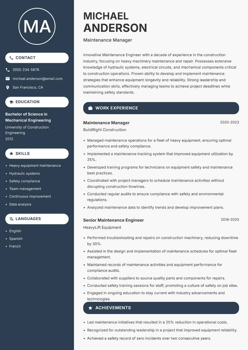 Maintenance Engineer resume sample — Maintenance Manager focus