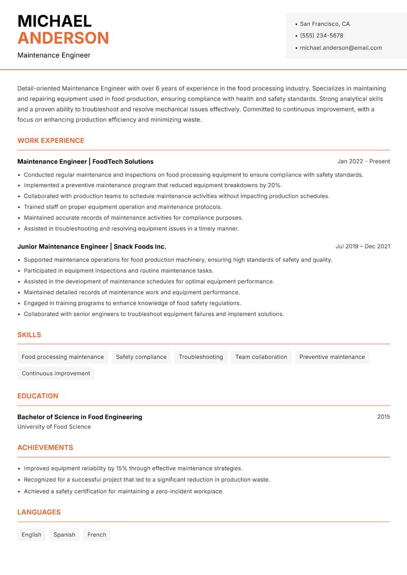 Maintenance Engineer resume sample — Maintenance Engineer focus