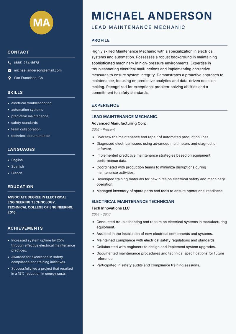 Maintenance Mechanic resume sample — Lead Maintenance Mechanic focus