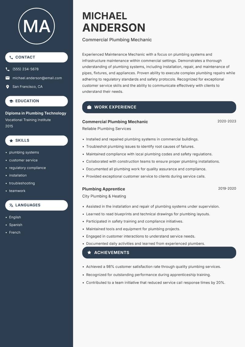 Maintenance Mechanic resume sample — Commercial Plumbing Mechanic focus