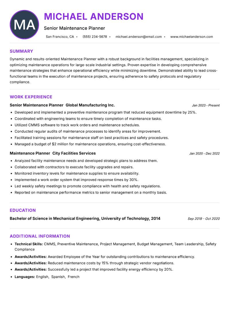 Maintenance Planner Facilities resume example