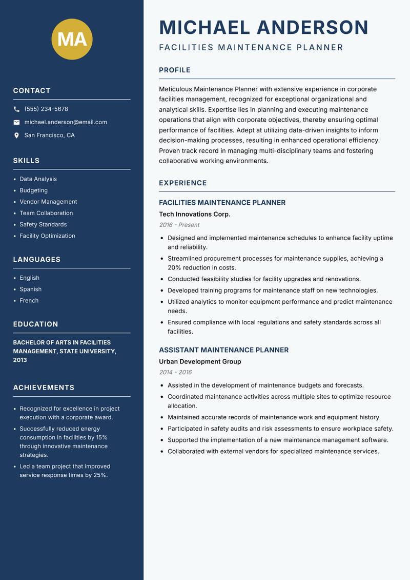 Maintenance Planner Facilities resume sample — Facilities Maintenance Planner focus